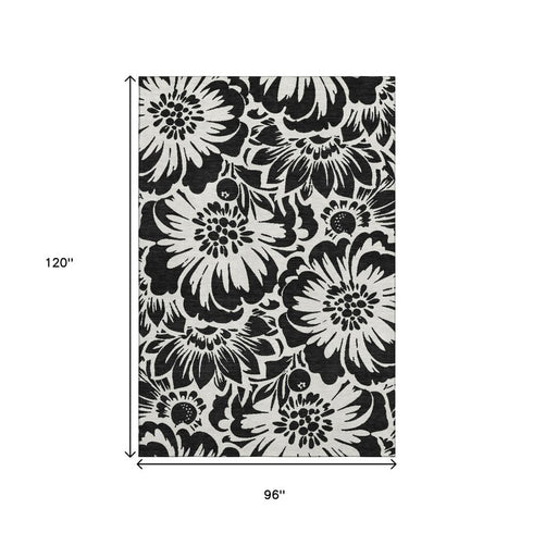 9' X 12' Black And Ivory Floral Washable Area Rug With UV Protection