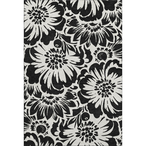 9' X 12' Black And Ivory Floral Washable Area Rug With UV Protection