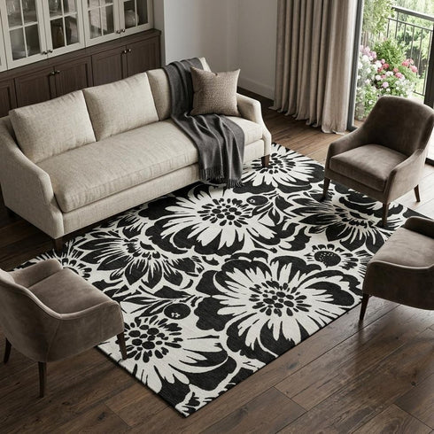 9' X 12' Black And Ivory Floral Washable Area Rug With UV Protection