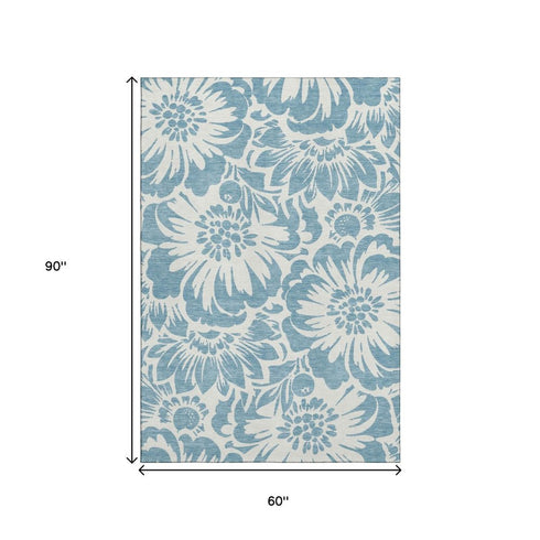 9' X 12' Denim Blue And Ivory Floral Washable Area Rug With UV Protection