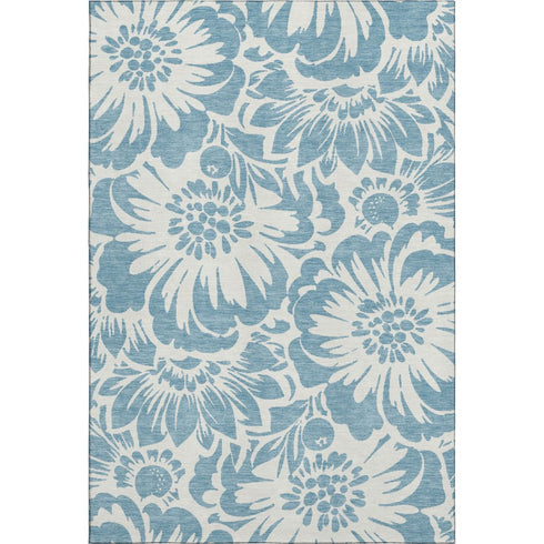 9' X 12' Denim Blue And Ivory Floral Washable Area Rug With UV Protection