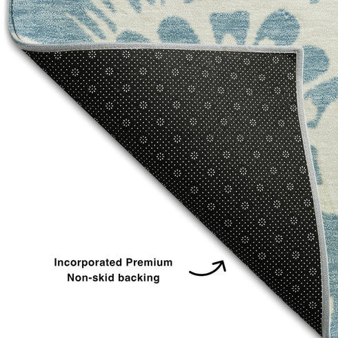 9' X 12' Denim Blue And Ivory Floral Washable Area Rug With UV Protection