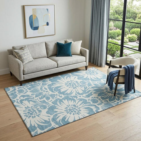 9' X 12' Denim Blue And Ivory Floral Washable Area Rug With UV Protection