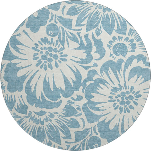 9' X 12' Denim Blue And Ivory Floral Washable Area Rug With UV Protection