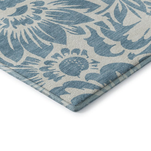 9' X 12' Denim Blue And Ivory Floral Washable Area Rug With UV Protection