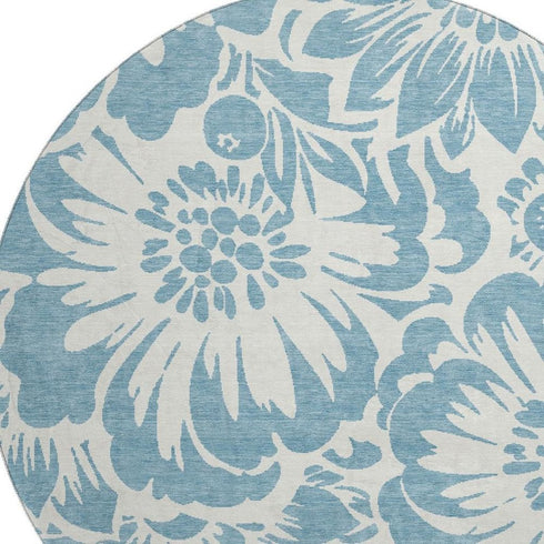 9' X 12' Denim Blue And Ivory Floral Washable Area Rug With UV Protection