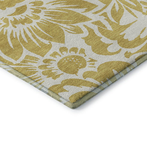 9' X 12' Gold And Ivory Floral Washable Area Rug With UV Protection