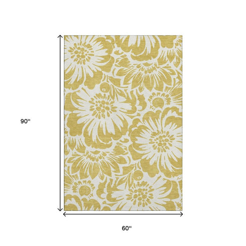 9' X 12' Gold And Ivory Floral Washable Area Rug With UV Protection