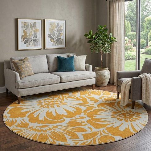 9' X 12' Orange And Ivory Floral Washable Area Rug With UV Protection