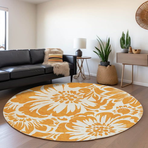 9' X 12' Orange And Ivory Floral Washable Area Rug With UV Protection