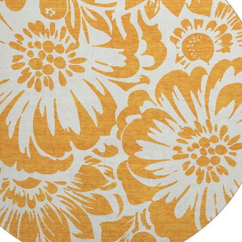 9' X 12' Orange And Ivory Floral Washable Area Rug With UV Protection