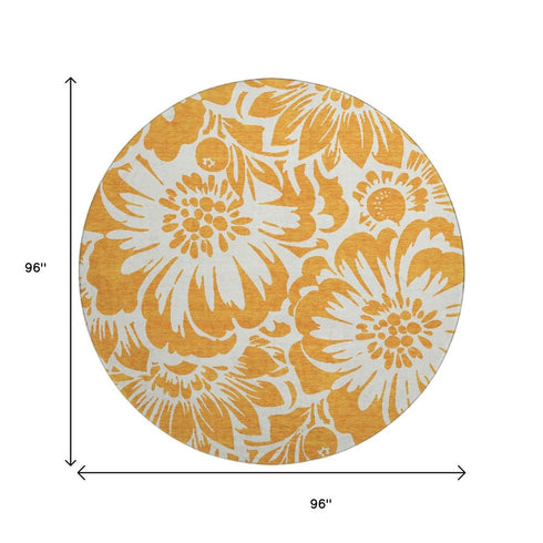 9' X 12' Orange And Ivory Floral Washable Area Rug With UV Protection