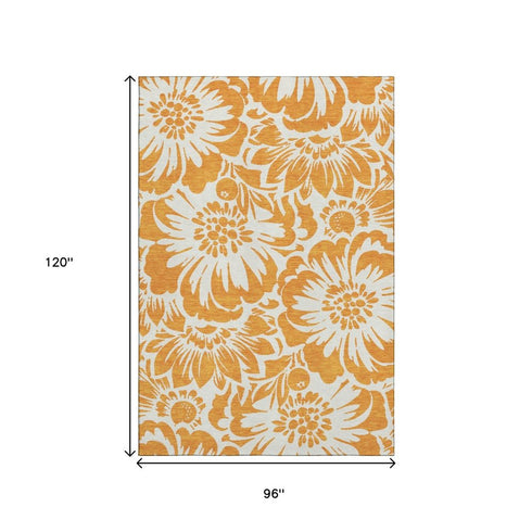 9' X 12' Orange And Ivory Floral Washable Area Rug With UV Protection