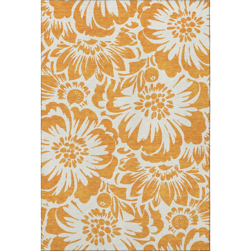 9' X 12' Orange And Ivory Floral Washable Area Rug With UV Protection