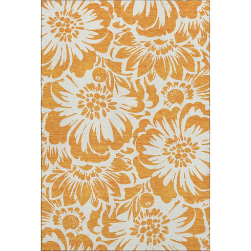 9' X 12' Orange And Ivory Floral Washable Area Rug With UV Protection