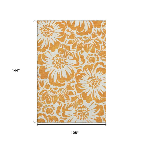 9' X 12' Orange And Ivory Floral Washable Area Rug With UV Protection