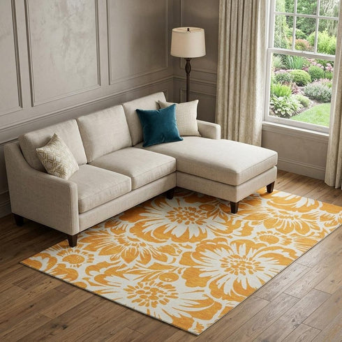 9' X 12' Orange And Ivory Floral Washable Area Rug With UV Protection