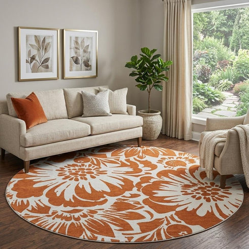 9' X 12' Rust And Ivory Floral Washable Area Rug With UV Protection
