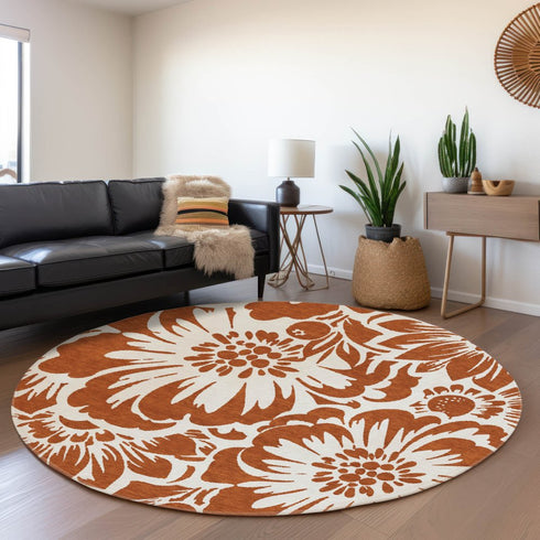 9' X 12' Rust And Ivory Floral Washable Area Rug With UV Protection