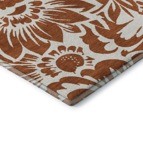 9' X 12' Rust And Ivory Floral Washable Area Rug With UV Protection