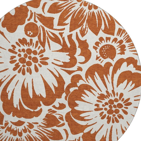 9' X 12' Rust And Ivory Floral Washable Area Rug With UV Protection