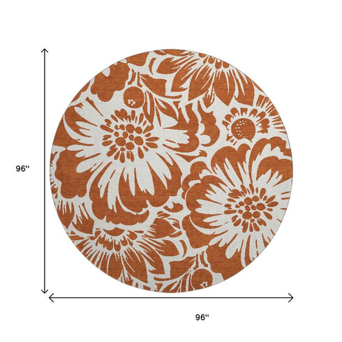 9' X 12' Rust And Ivory Floral Washable Area Rug With UV Protection