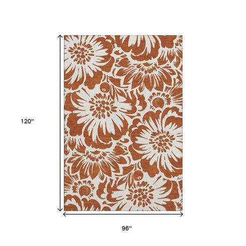9' X 12' Rust And Ivory Floral Washable Area Rug With UV Protection