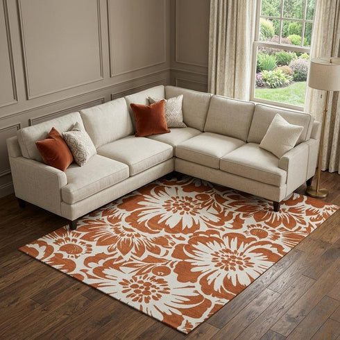 9' X 12' Rust And Ivory Floral Washable Area Rug With UV Protection