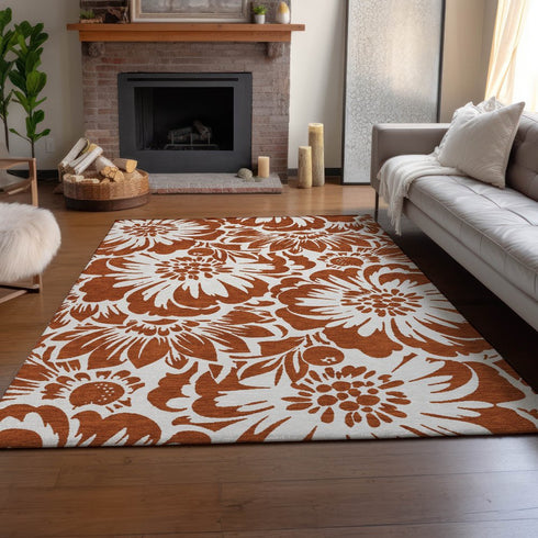 9' X 12' Rust And Ivory Floral Washable Area Rug With UV Protection