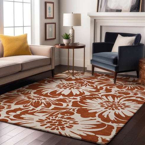 9' X 12' Rust And Ivory Floral Washable Area Rug With UV Protection
