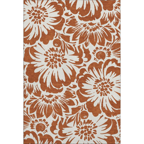 9' X 12' Rust And Ivory Floral Washable Area Rug With UV Protection