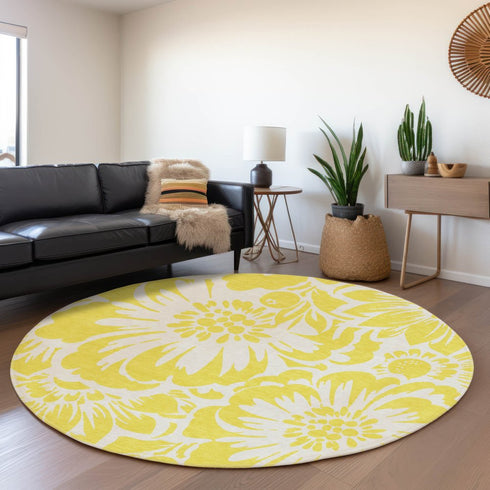 9' X 12' Yellow And Ivory Floral Washable Area Rug With UV Protection