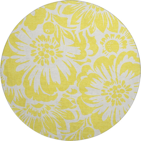 9' X 12' Yellow And Ivory Floral Washable Area Rug With UV Protection