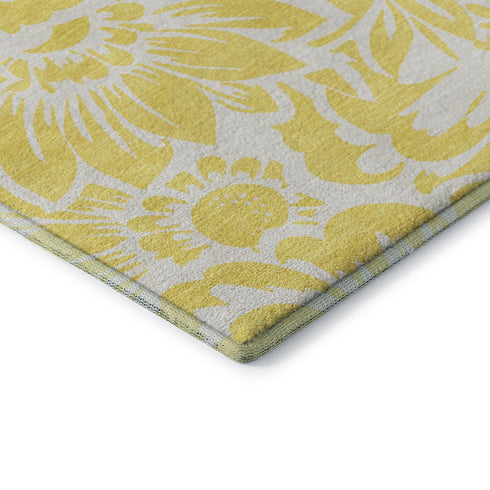 9' X 12' Yellow And Ivory Floral Washable Area Rug With UV Protection