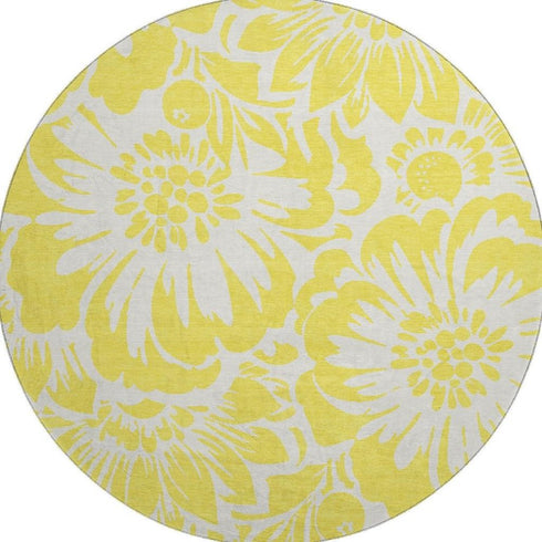 9' X 12' Yellow And Ivory Floral Washable Area Rug With UV Protection