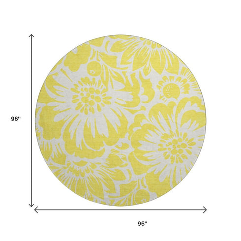 9' X 12' Yellow And Ivory Floral Washable Area Rug With UV Protection