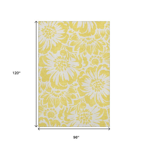 9' X 12' Yellow And Ivory Floral Washable Area Rug With UV Protection