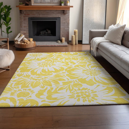 9' X 12' Yellow And Ivory Floral Washable Area Rug With UV Protection