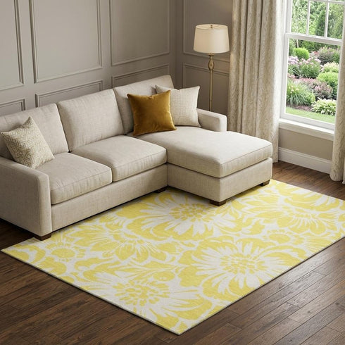9' X 12' Yellow And Ivory Floral Washable Area Rug With UV Protection