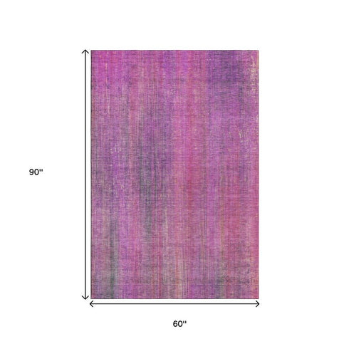 5' X 8' Lilac And Blush Striped Washable Area Rug With UV Protection