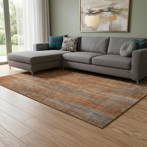9' X 12' Rust And Gray Striped Washable Area Rug With UV Protection