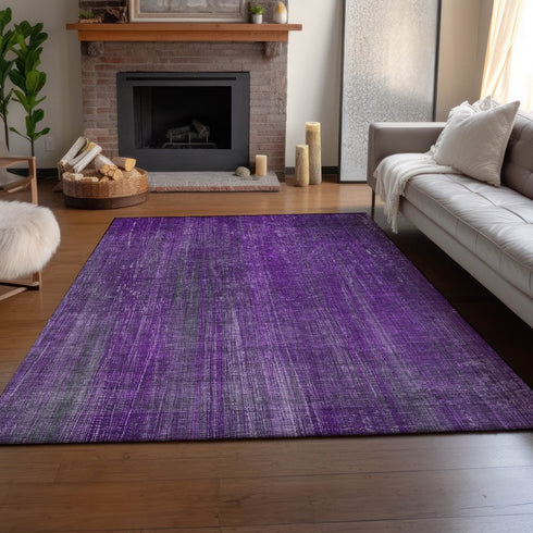 9' X 12' Purple And Ivory Striped Washable Area Rug With UV Protection