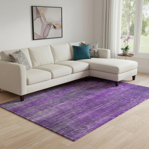 9' X 12' Purple And Ivory Striped Washable Area Rug With UV Protection