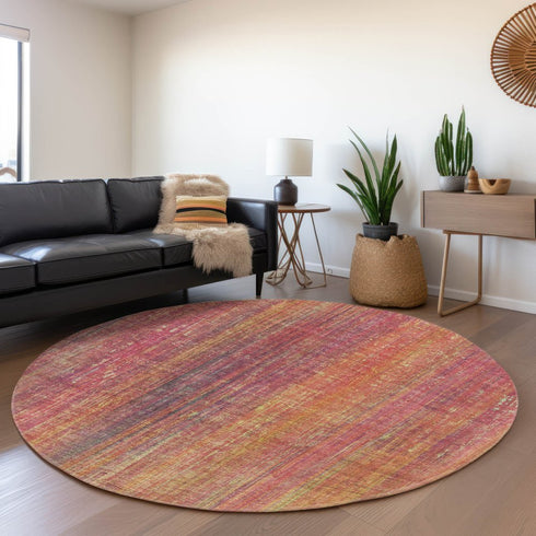 8' Red Yellow And Orange Striped Washable Round Rug With UV Protection