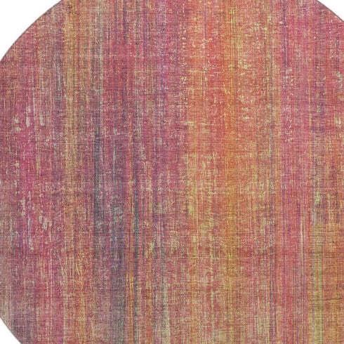 8' Red Yellow And Orange Striped Washable Round Rug With UV Protection