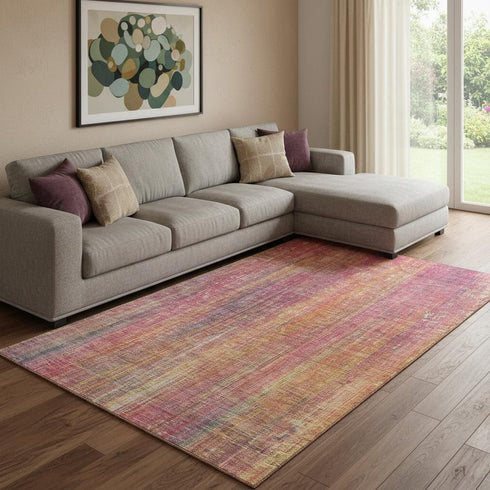 9' X 12' Red Yellow And Orange Striped Washable Area Rug With UV Protection