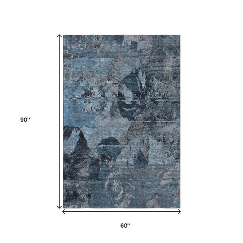 5' X 8' Denim Blue And Gray Abstract Washable Area Rug With UV Protection
