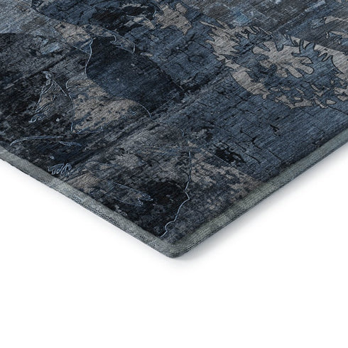 5' X 8' Denim Blue And Gray Abstract Washable Area Rug With UV Protection