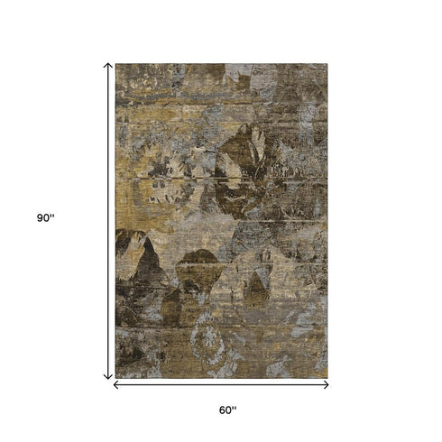 5' X 8' Coffee And Gray Abstract Washable Area Rug With UV Protection