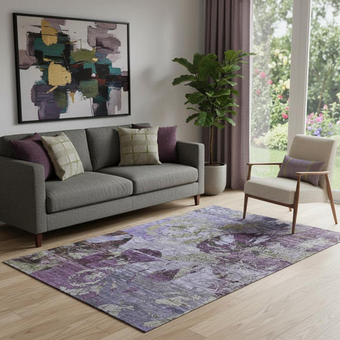 5' X 8' Purple And Gray Abstract Washable Area Rug With UV Protection